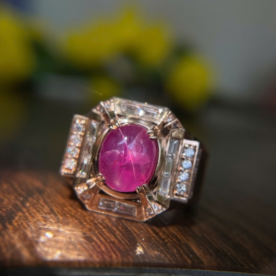 Nhẫn Vàng Hồng 14K Đá Ruby Sao